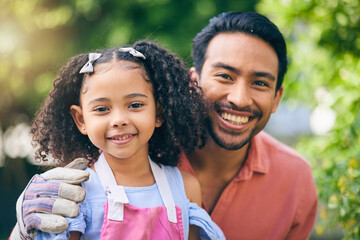 Poster - Gardening, portrait of dad and child in backyard with plants, teaching and learning with growth in nature. Farming, smile on face and father with girl in vegetable garden with love, support and fun.