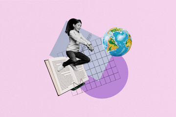 Sticker - 3d magazine collage image of happy smiling small girl playing globe volleyball isolated pink color background