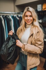 Wall Mural - a young blonde woman holding a bag of clothes she is buying