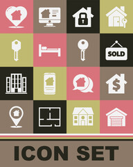 Poster - Set Garage, House with dollar symbol, Hanging sign text Sold, under protection, Bed, key, heart shape and icon. Vector