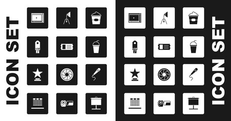Set Popcorn in box, Cinema ticket, USB flash drive, Online play video, Paper glass with straw, Movie spotlight, Microphone and trophy icon. Vector