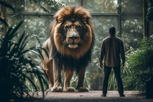 A Man Standing In Front Of A Lion