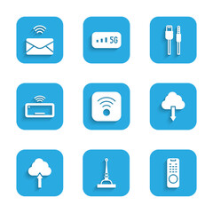 Poster - Set Wi-Fi wireless internet, Antenna, Remote control, Cloud download, upload, Computer keyboard, USB cable cord and Mail and e-mail icon. Vector