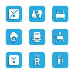 Poster - Set Smart printer system, Web camera, Usb wireless adapter, drone, Wi-Fi internet, Tv, Router and wi-fi signal and No icon. Vector