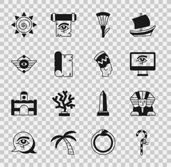 Sticker - Set Crook, Sphinx, Eye of Horus on monitor, Egyptian lotus, Papyrus scroll, symbol Winged sun, Sun and Nefertiti icon. Vector