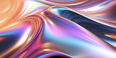 Holographic chrome gradient waves abstract background. Liquid surface, ripples, reflections. 3d render illustration.