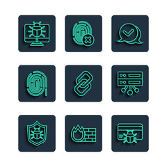 Sticker - Set line System bug, Firewall, security wall, in credit card, Check mark speech bubble, Chain link, Fingerprint, on monitor and Server, Data, Web Hosting icon. Vector