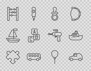 Sticker - Set line Puzzle pieces toy, Toy car, Baby dummy pacifier, Bus, Abacus, ABC blocks, Balloons with ribbon and boat icon. Vector