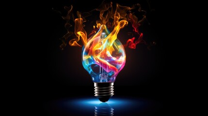 Wall Mural - lightbulb idea concept with colorful liquidof splashing unique creative idea on black background, ge