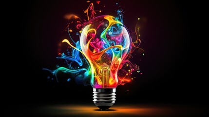 Wall Mural - lightbulb idea concept with colorful liquidof splashing unique creative idea on black background, ge