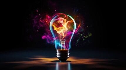 Wall Mural - lightbulb idea concept with colorful liquidof splashing unique creative idea on black background, ge