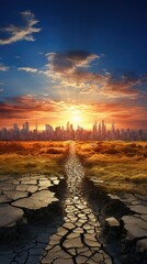 Canvas Print - A dirt road leading to a city at sunset. AI.