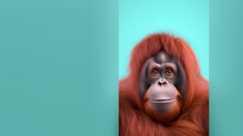Creative Animal Concept. Orangutan Peeking Over Pastel Bright Background. Advertisement, Banner, Card. Copy Text Space. Birthday Party Invite Invitation
