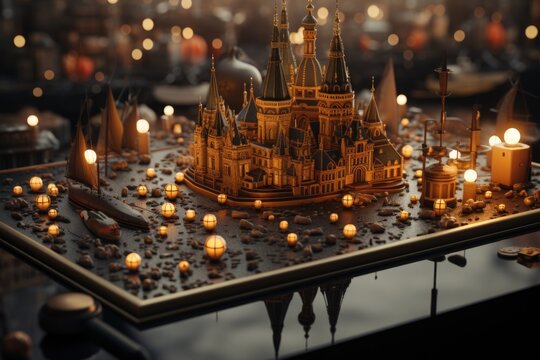 A model of a castle with candles in front of it. AI.