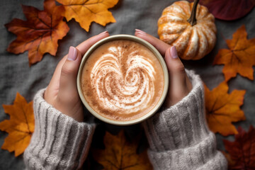 Top view of woman hands holding coffee with latte art on seasonal autum leaves background