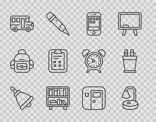 Wall Mural - Set line Ringing bell, Table lamp, Smartphone, Shelf with books, School Bus, Exam sheet check mark, classroom and Pencil case stationery icon. Vector
