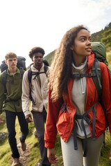 Wall Mural - cropped view of a group of young people walking outdoors with their hiking equipment