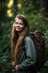 Wall Mural - a young woman wearing a backpack while enjoying the outdoors