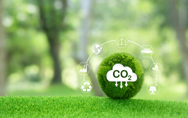 reducing carbon emissions carbon neutral concept Net zero emission target, green background with icons.