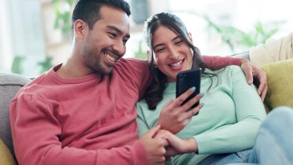 Canvas Print - Holding hands, hug and couple on sofa with phone for social media, streaming or video subscription at home. Love, embrace and woman with man and smartphone in a living room for online communication