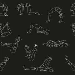 Wall Mural - Seamless pattern with single line drawings of yoga poses. Linear hand drawn asana doodles wallpaper on black background