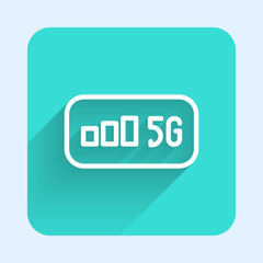 Poster - White line 5G new wireless internet wifi connection icon isolated with long shadow background. Global network high speed connection data rate technology. Green square button. Vector