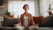 © vadymstock - Middle aged woman meditating at home. AI generative.