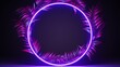 Purple circular neon light with tropical leaves. AI generative.