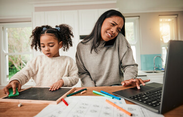 Poster - Working from home, child and mother on phone call and learning or writing homework at a table. A busy entrepreneur woman and young girl kid with a laptop for remote work, education and multitasking