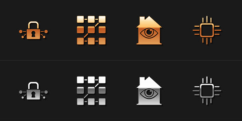 Aufkleber - Set Cyber security, Graphic password protection, House with eye scan and Processor microcircuits CPU icon. Vector