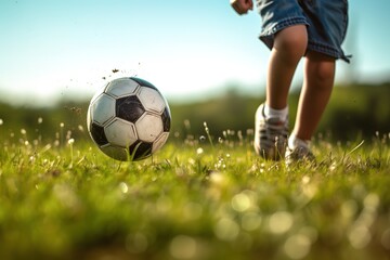 Child a boy is playing soccer. The boy is kicking the ball barefoot on the grass