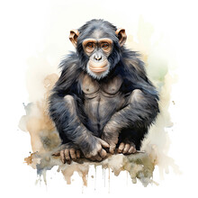 Young Chimp, Front View. Stylised Digital Watercolour Isolated On White Background.