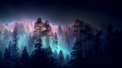 Pine forest in the fog, cinematic dark light, beautiful blue and purple colors - Natural fantasy scene, trees and hills in the mist, near darkness. Image made by Generative AI