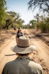 Wall Mural - rearview shot of an unrecognizable woman on a walking safari with a guide