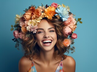 portrait of a young cheerful woman with a hairstyle decorated with a flower wreath on her head on a 