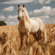A blonde horse is standing in a field, photography. Cinematic style