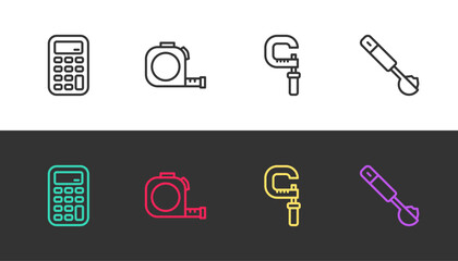 Poster - Set line Calculator, Roulette construction, Micrometer and Measuring spoon on black and white. Vector