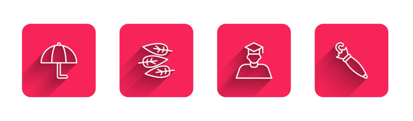 Sticker - Set line Umbrella, Leaf or leaves, Graduate and graduation cap and with long shadow. Red square button. Vector