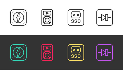 Poster - Set line Lightning bolt, Music player, Electrical outlet and Diode electronic circuit on black and white. Vector