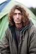 portrait of a young homeless man standing in front of his tent
