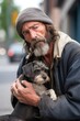 a distraught homeless man looking down while holding his dog on a sidewalk