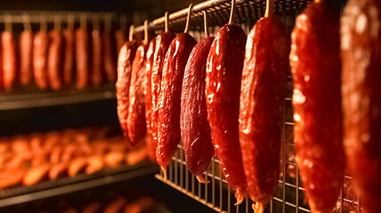 Wall Mural - Traditional food. Smoked sausuages in smokehouse. Meat production. Sausage hanging.

