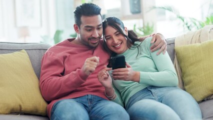 Poster - Couple, hug and talk on sofa with phone for social media post, subscription app and download mobile games. Happy man, woman and conversation to scroll on smartphone tech, website and relax in lounge