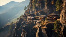 Peaceful Remote Himalayan Mountain Village Homes Dotted Along Cliffside In Bhutan, Spirituality Happiness Tranquility Generative AI