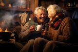 Candid portrait of a happy elderly senior couple in love in a cosy romantic autumn mountain cabin - golden age