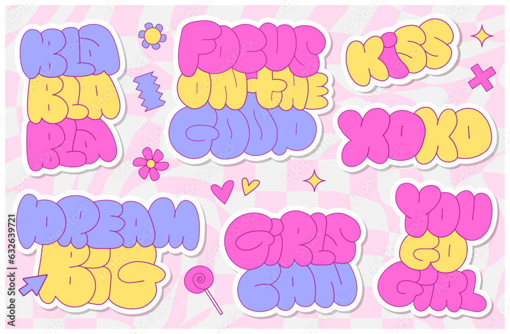 Quote stickers set in 90s and 00s pink girly style. Cute cartoon bubble ...