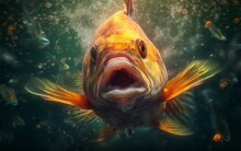 Fish Underwater With Open Mouth, Fish Attracted To Bait, Generative Ai