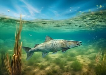 Wall Mural - Pike fish under water, generative ai