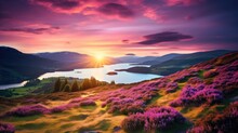 Sunset Over Scottish Highlands Landscape With Purple Heather Blooms Green Rolling Hills Lochs Leading To Distant Mountains Beauty Generative AI