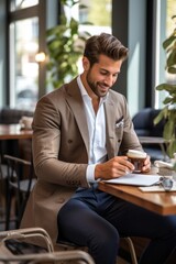 Poster - A man sitting at a table with a cup of coffee. AI.